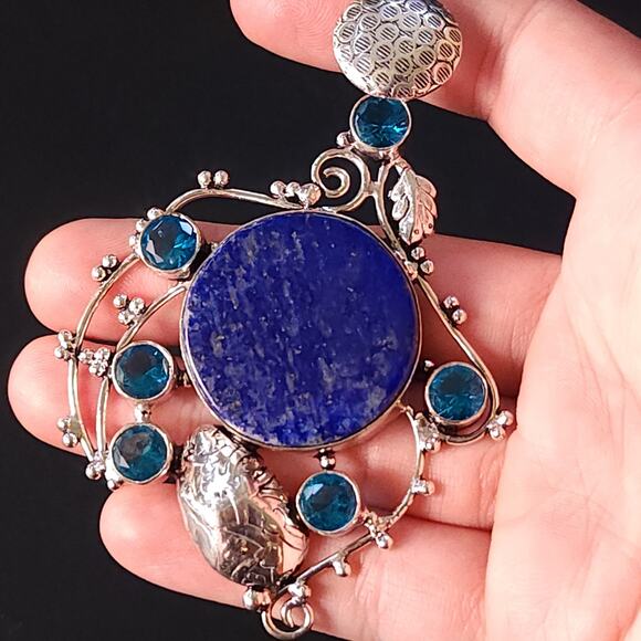 Lapis Lazuli Sterling Silver Pendant Necklace, 1.1 Inch Stone,  Gifts For Women - Picture 1 of 10